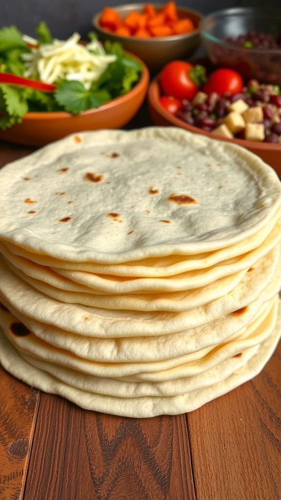 A stack of warm, golden extra-large flour tortillas on a wooden table, surrounded by fresh ingredients.